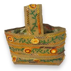 Vintage 70s Floral Embroidered Boho Purse Tote Bag Sunflower Burlap Hippie Retro